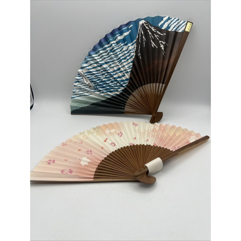 Lot Of 2 Vintage Japanese Sensu Folding Fan Pink Flowers Rabbit Mountain Scene